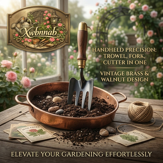 Xwbnnab™ 3-in-1 Luxury Garden Multi-Tool - Vintage Brass & Walnut Hand Trowel, Garden Fork, and Root Cutter - Professional Ergonomic Gardening Tool for Planting & Weeding - Elegant Gift for Gardeners 🎁🌱