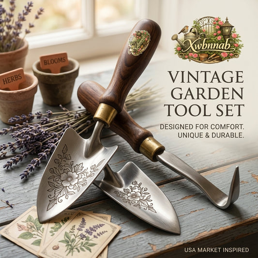 Xwbnnab™ 3-Piece Vintage Garden Tool Set – Heavy Duty Stainless Steel Trowel & Hand Cultivator with Floral Engravings – Ergonomic Walnut Wood Handles – Heirloom Quality Gardening Gift for Men & Women